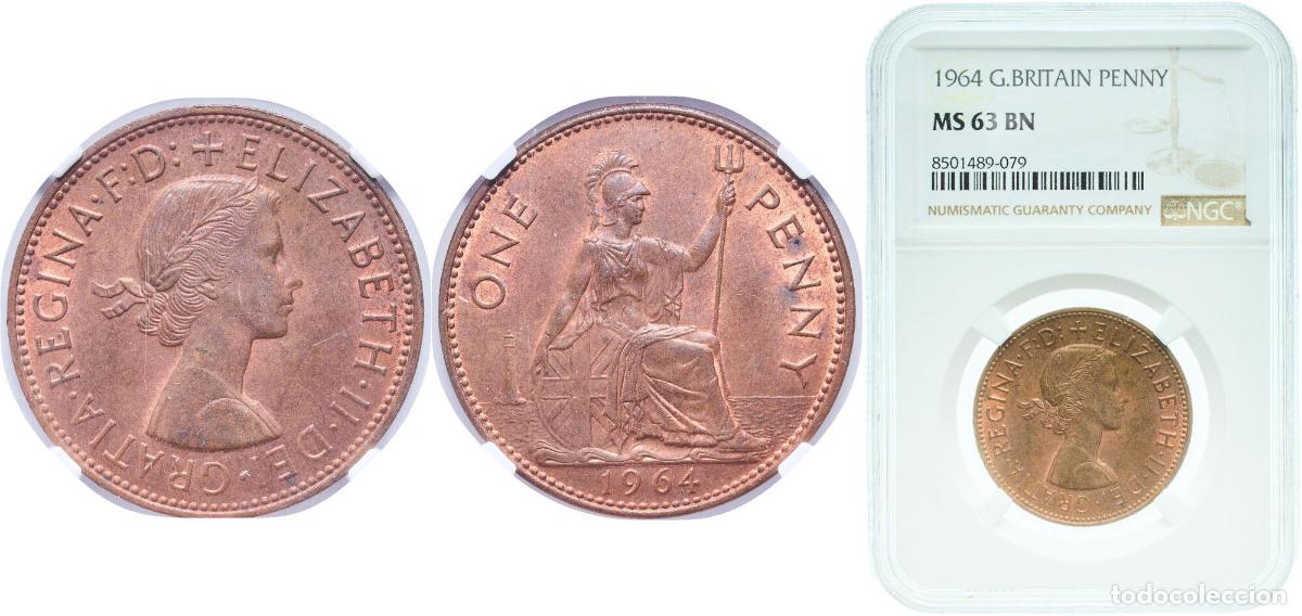Monedas antiguas de Europa: Great Britain United Kingdom Kingdom 1964 1 Penny - Elizabeth II (1st portrait; without 'BRITT:OMN'