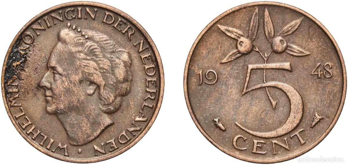 Monedas antiguas de Europa: Netherlands Kingdom 1948 5 Cents - Wilhelmina Bronze Utrecht Mint (25000000) 3.5g AU KM 176 Sch&ouml;n