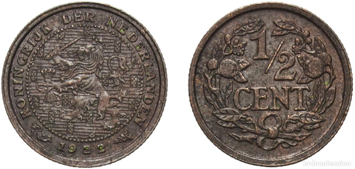 Monedas antiguas de Europa: Netherlands Kingdom 1922 &frac12; Cent - Wilhelmina (Type III) Bronze Utrecht Mint (2500000) 1.25g AU Sch