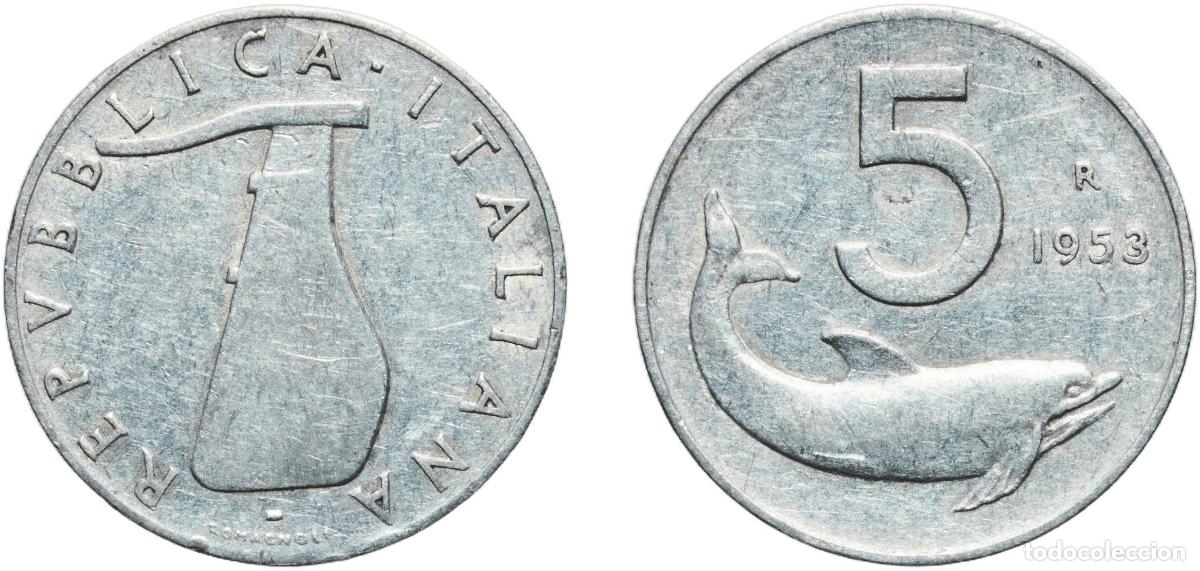 Monedas antiguas de Europa: Italy Republic 1953 R 5 Lire Aluminium (96.2% Aluminium, 3.5% Magnesium, 0.3% Manganese) Rome Mint