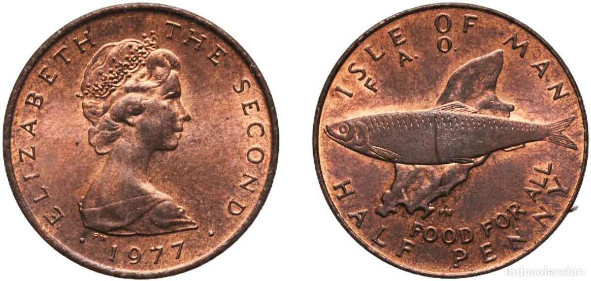 Monedas antiguas de Europa: Isle of Man British dependency 1977 PM &frac12; Penny - Elizabeth II (F.A.O. Food For All) Bronze Pobjoy M