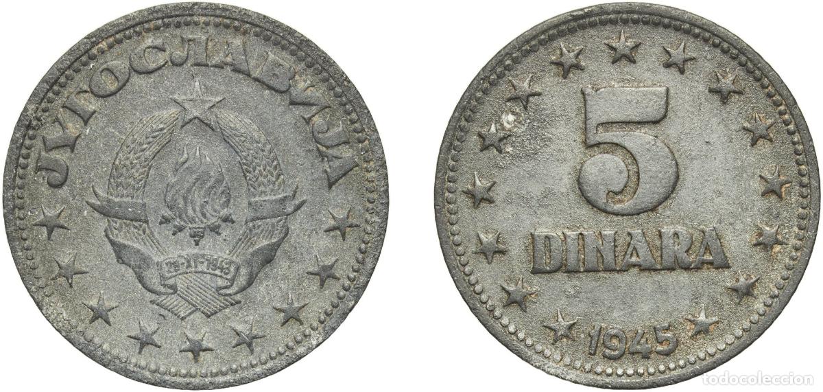 Monedas antiguas de Europa: Yugoslavia Democratic Federal 1945 5 Dinara Zinc (97,5 % Zn) Belgrade Mint (50000000) 6g AU KM 28
