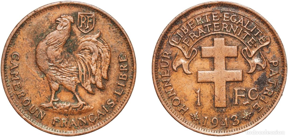 Monedas antiguas de Europa: Cameroon French colony 1943 SA 1 Franc Bronze Pretoria Mint (3000000) 5.49g XF KM 5 Sch&ouml;n 5
