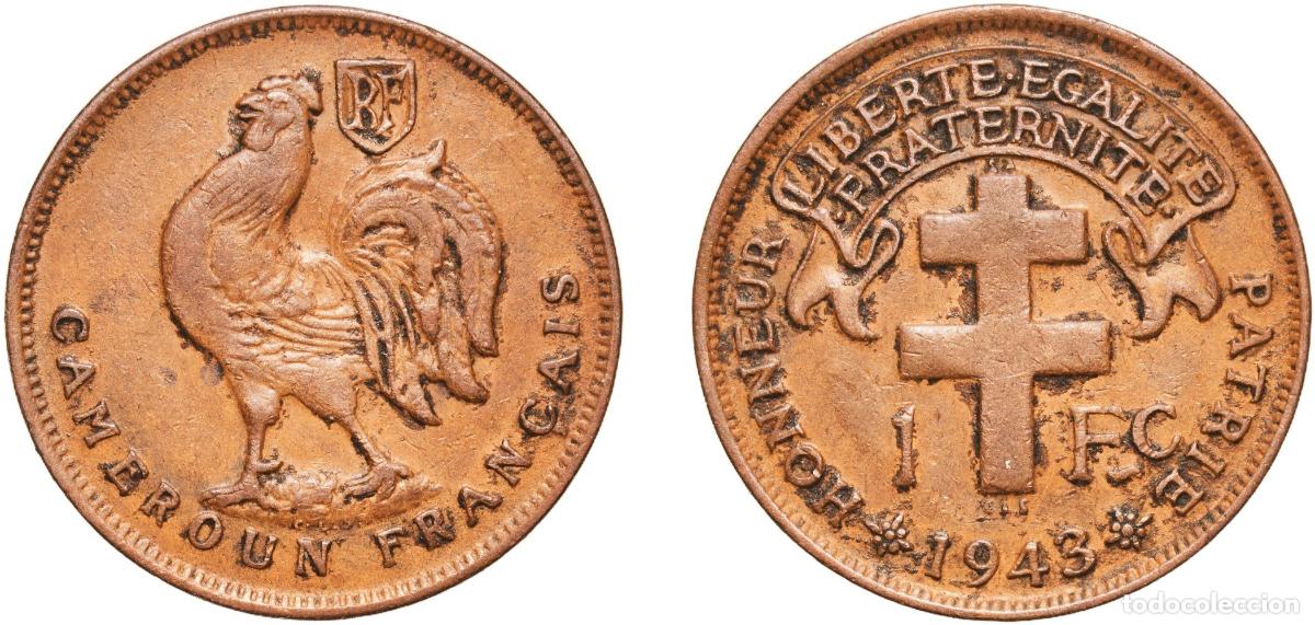 Old Coins of Europe: Cameroon French colony 1943 SA 1 Franc Bronze Pretoria Mint (3000000) 5.42g XF KM 5 Sch&ouml;n 5