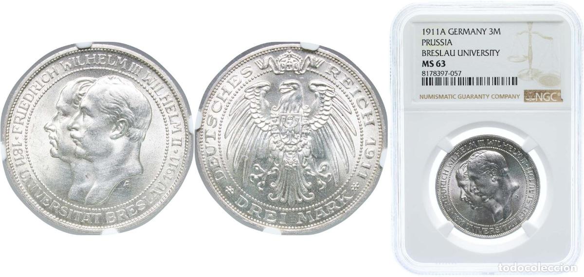 Monedas antiguas de Europa: Germany Kingdom of Prussia 1911 A 3 Mark - Wilhelm II (Wroclaw University) Silver (.900) Berlin Min