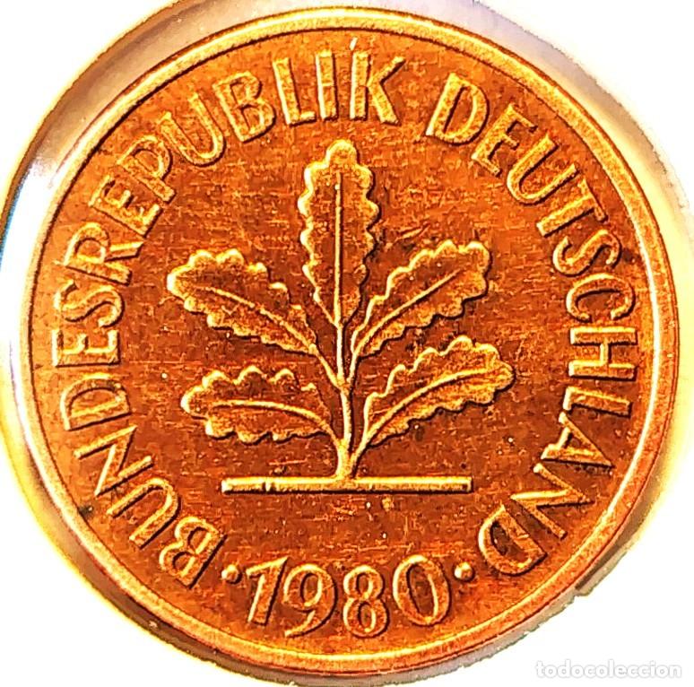 Monedas antiguas de Europa: ALEMANIA (1948-1989) - 5 PFENNIG 1980 F - A - 3 GR. ACERO BRONCEADO - DIAMETRO 18,50 mm - KM#107