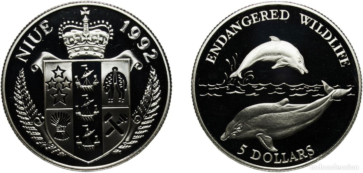 Monedas antiguas de Europa: Niue New Zealand Dependent State 1992 5 Dollars - Elizabeth II (Dolphins) Silver (.500) (150000) 10