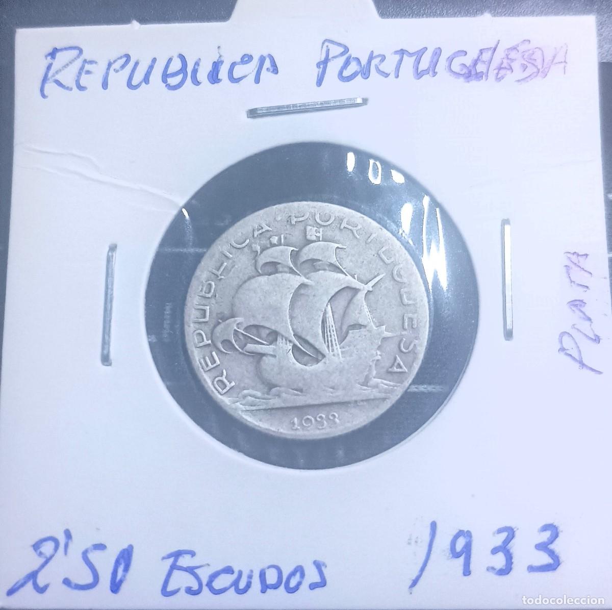 Monedas antiguas de Europa: Moneda Republica Portuguesa, una pieza de 2 escudos y 50 centavos. De 1933