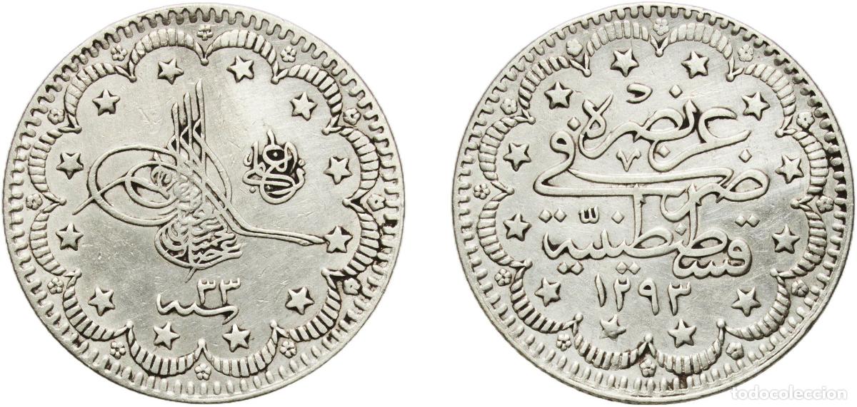 Monedas antiguas de Europa: Ottoman Empire AH1325 (1907) 5 Kurus - Abd&uuml;lhamid II (&rdquo;el-Ghazi&rdquo; right of Toughra) Silver (.830) Ko