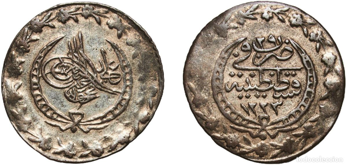 Monedas antiguas de Europa: Ottoman Empire AH1223 (1832) 25 Yirmilik - Mahmud II (Kostantiniyye mint) Billon (.220 silver) Ko