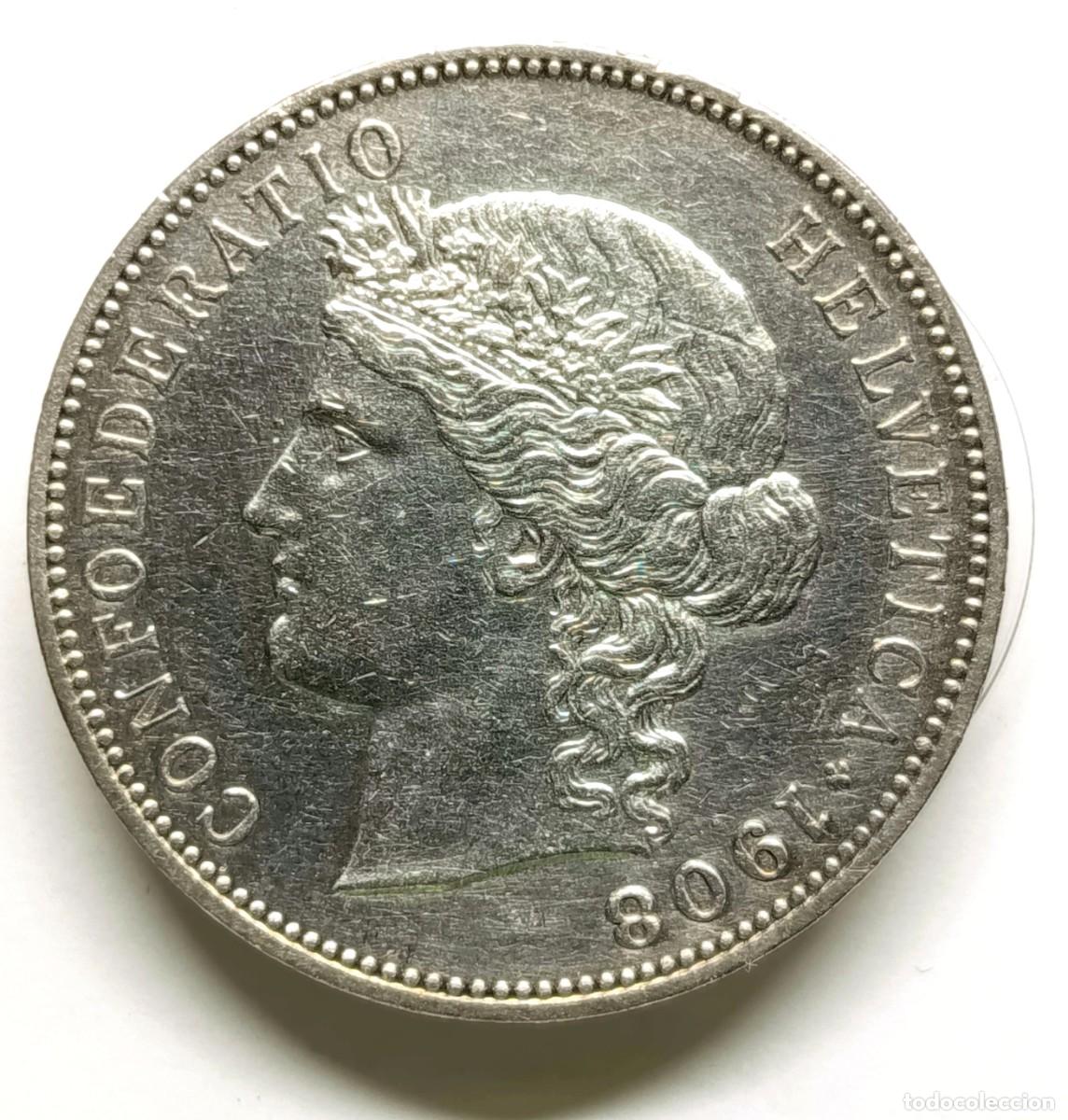 Monedas antiguas de Europa: SUIZA. 5 FRANCOS DE PLATA 1908 B. SIN CIRCULAR. BRILLO ORIGINAL. PRECIOSA.