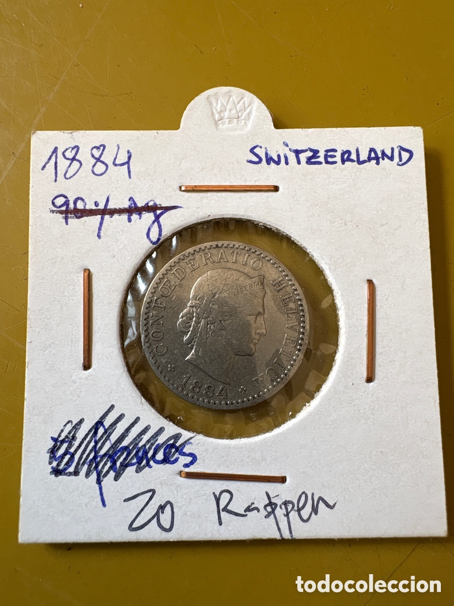 Monedas antiguas de Europa: Moneda suiza de 20 rappen de 1884