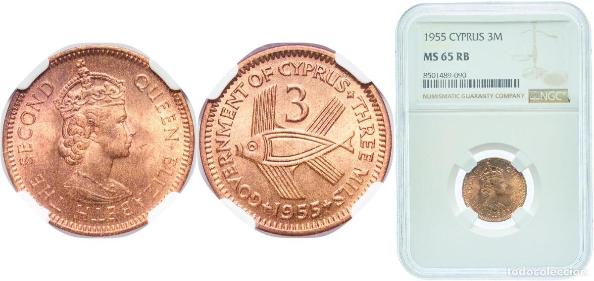 Monedas antiguas de Europa: Cyprus British crown colony 1955 3 Mils - Elizabeth II (1st portrait) Bronze (95.5% Copper, 3% Tin,