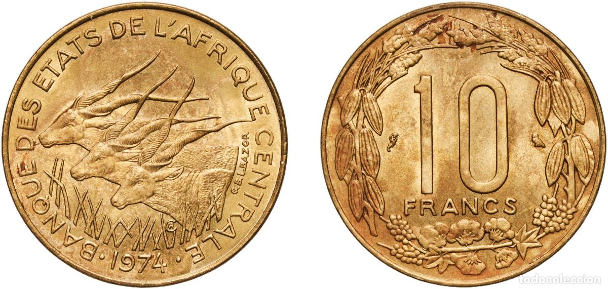 Monedas antiguas de Europa: Central African States Bank of Central African States 1974 10 Francs CFA Aluminium bronze Paris Min