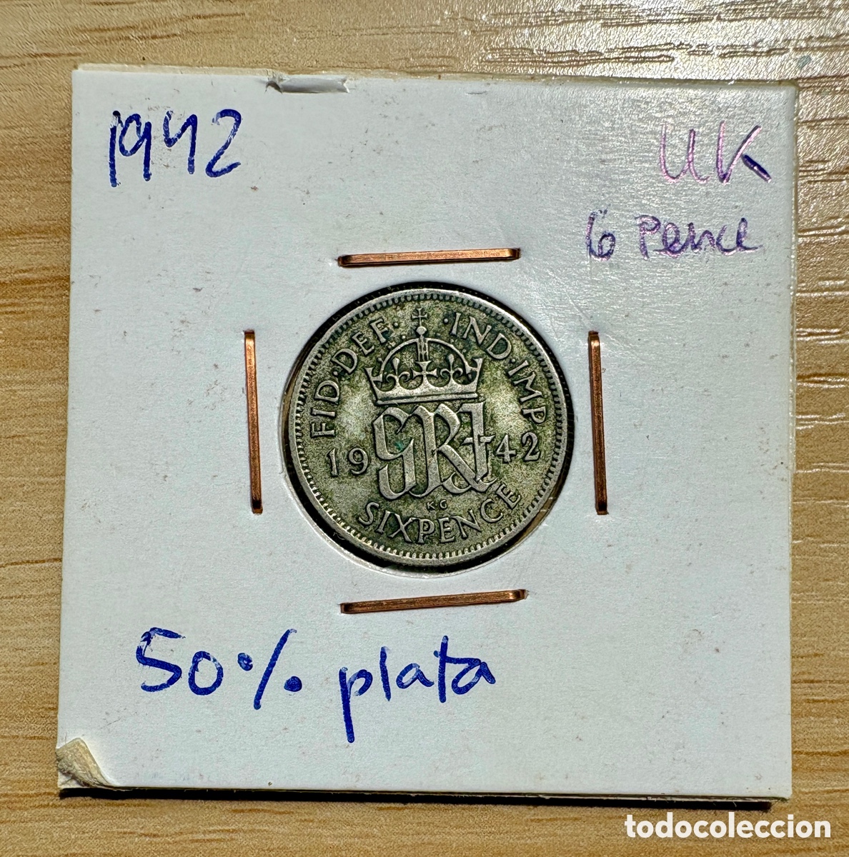 Monedas antiguas de Europa: Moneda 6 pence UK 1942, 50% plata