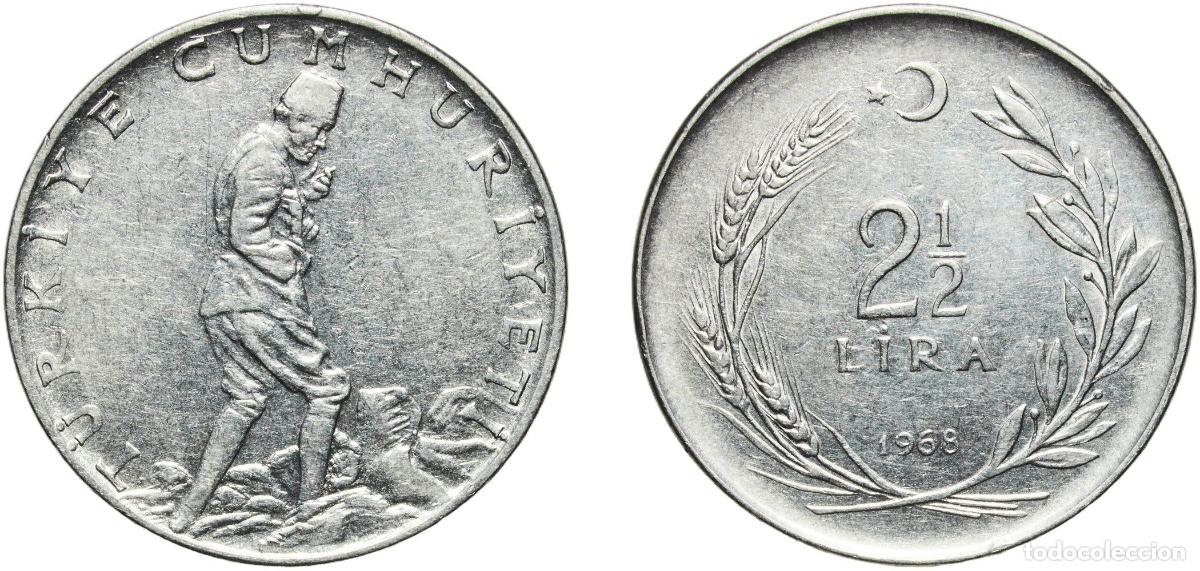 Monedas antiguas de Europa: Turkey Republic 1968 2&frac12; Lira Acmonital Turkish State Mint (2707000) 12.03g XF KM 893.1 Sch&ouml;n 410