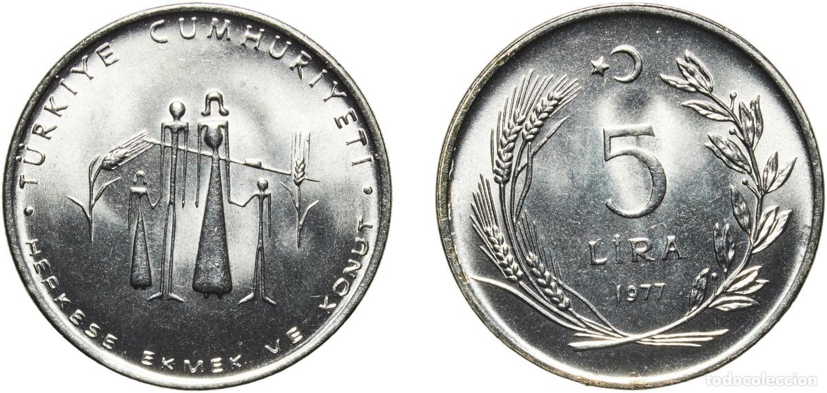 Monedas antiguas de Europa: Turkey Republic 1977 5 Lira (FAO) Stainless steel (79.15-80.65% Iron, 0.14% Carbon, 17.5-19% Chromi