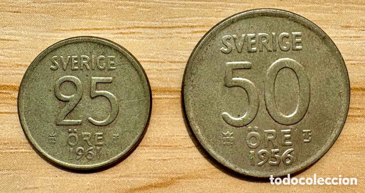Monedas antiguas de Europa: Lote de dos monedas suecas de colecci&oacute;n. 25 &Ouml;re 1961 y 50 &ouml;re 1956. 40%plata