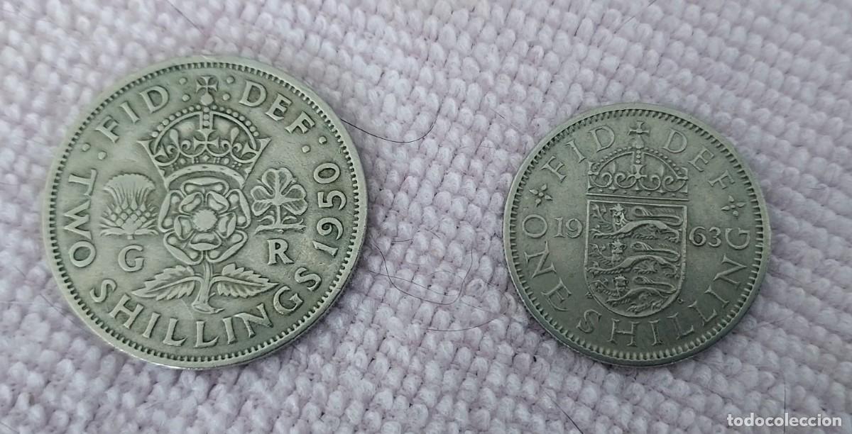 Monedas antiguas de Europa: Lote de dos monedas brit&aacute;nicas: 2 chelines de Jorge VI y 1 chel&iacute;n Isabel II