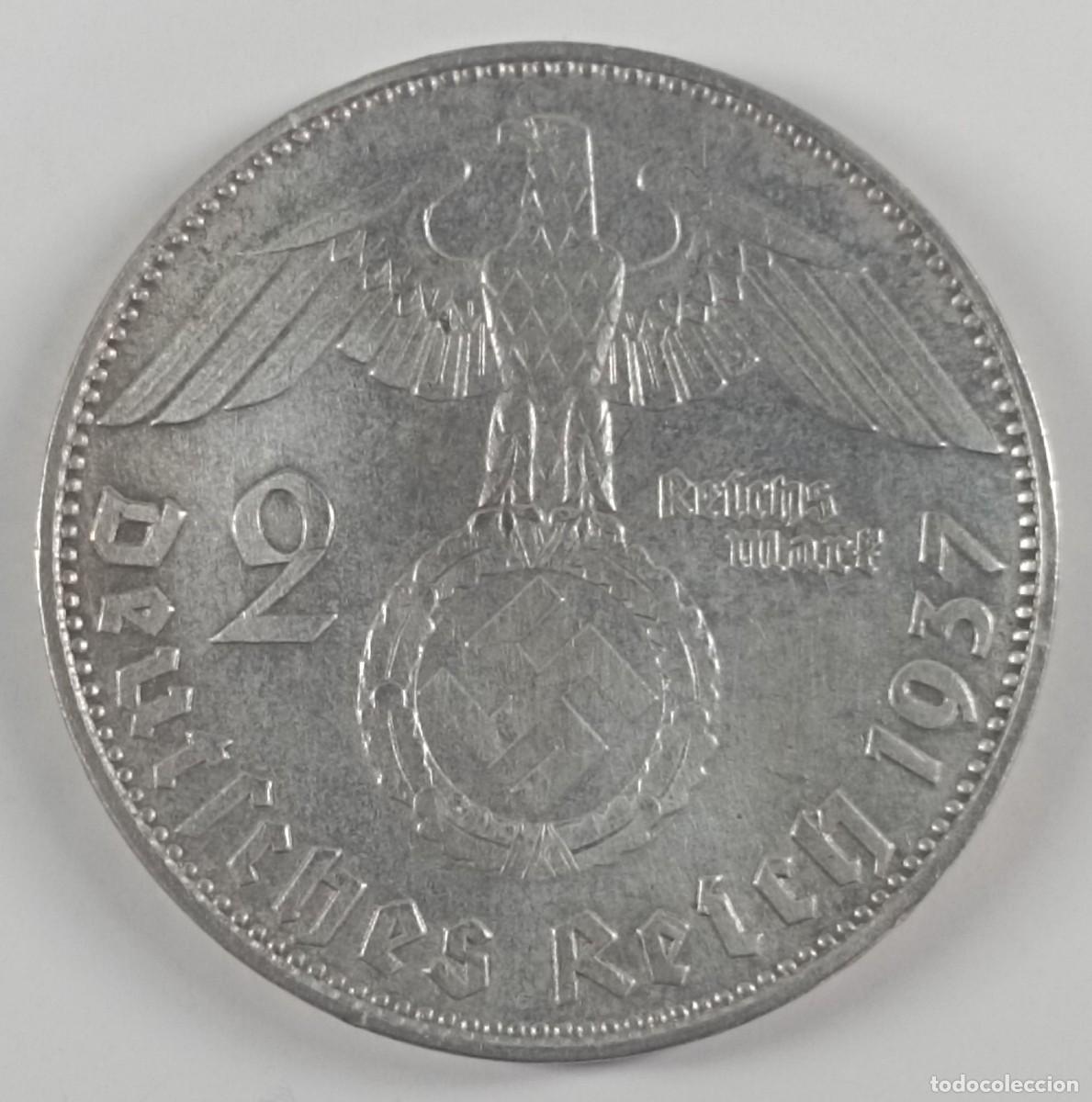 Monedas antiguas de Europa: Moneda de Alemania 2 marcos Hindenburg de 1937 de plata (III Reich Hitler- Nazi- Alemania) WWII
