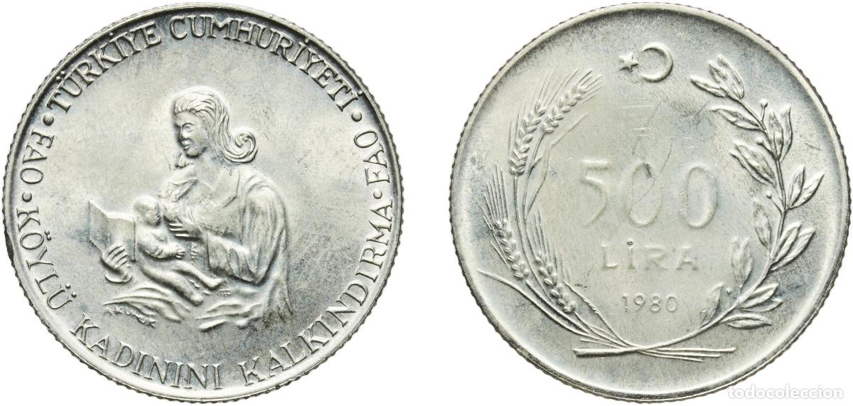 Monedas antiguas de Europa: Turkey Republic 1980 500 Lira (FAO) Silver (.900) (13000) 9g UNC KM 940