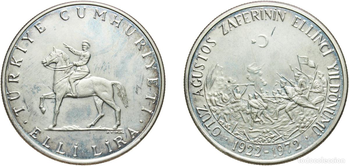 Monedas antiguas de Europa: Turkey Republic 1972 50 Lira (August Victory) Silver (.830) (171179) 19.52g UNC KM 901