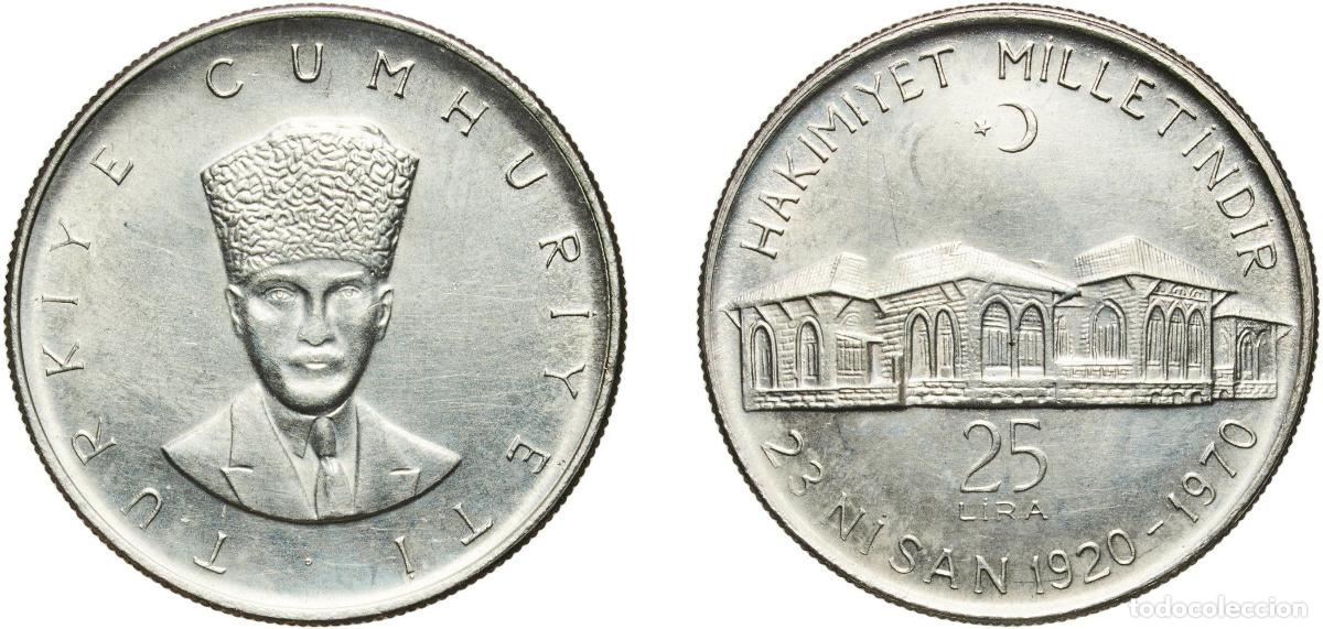 Monedas antiguas de Europa: Turkey Republic 1970 25 Lira (National Assembly) Silver (.830) (23420) 14.69g UNC KM 897