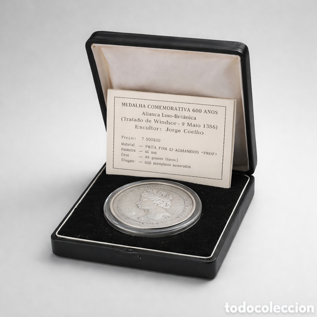Monedas antiguas de Europa: Medalla Conmemorativa Plata Fina 600 A&ntilde;os Alianza Luso-Brit&aacute;nica 1386&ndash;1985