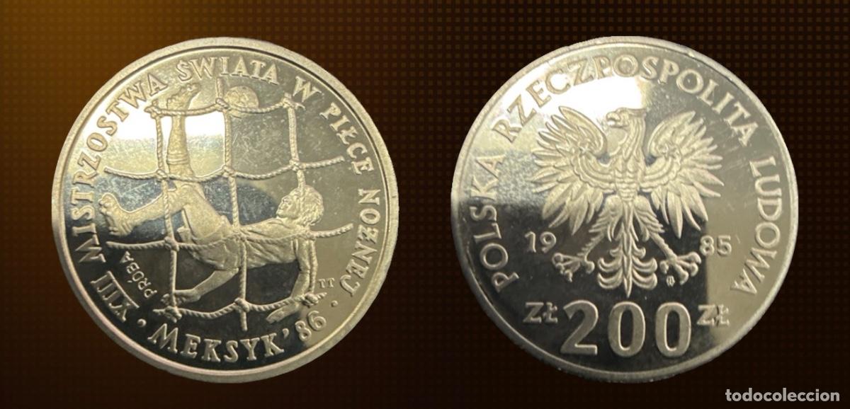 Monedas antiguas de Europa: Polonia 200 zlotych, Copa del mundo de la FIFA 1986 /PR&Oacute;BA/ Cupron&iacute;quel &middot; 1985 Proof
