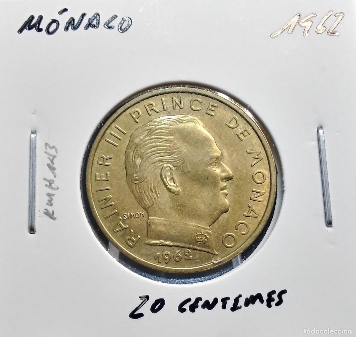 Monedas antiguas de Europa: M&Oacute;NACO 20 C&Eacute;NTIMOS / CENTIMES 1962 KM#143 MBC+.