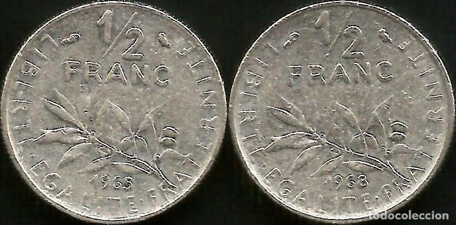 Monedas antiguas de Europa: FRANCIA 1965 Y 1968 - 1/2 FRANC - KM 931.1 - LOTE 2 MONEDAS CIRCULADAS