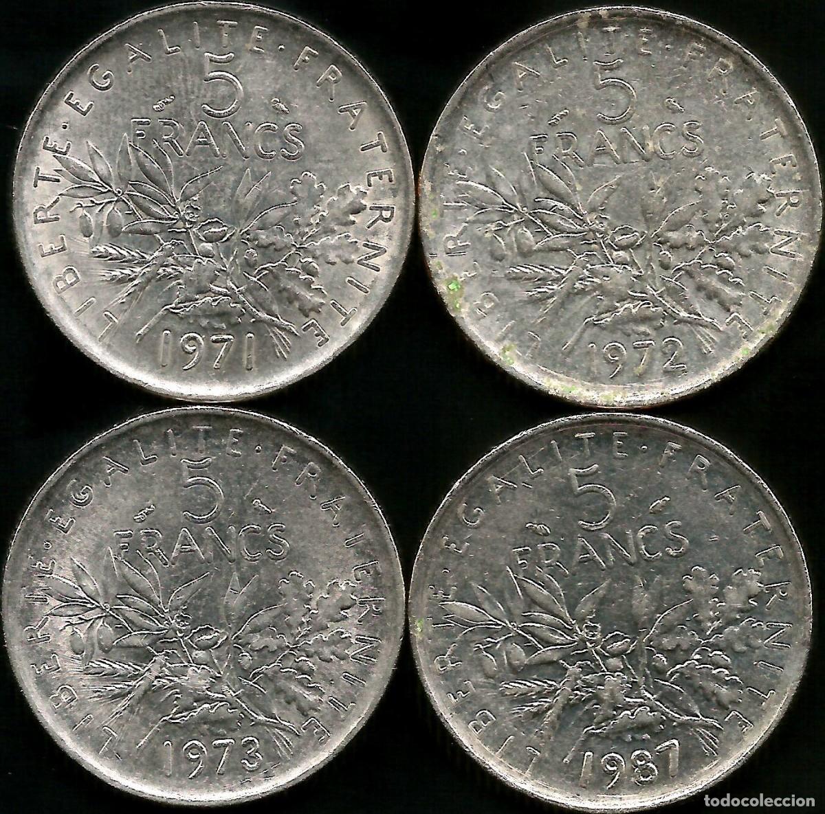 Monedas antiguas de Europa: FRANCIA (VER A&Ntilde;OS EN DESCRIPCION) - 5 FRANCS - KM 926A.1 - LOTE 4 MONEDAS CIRCULADAS