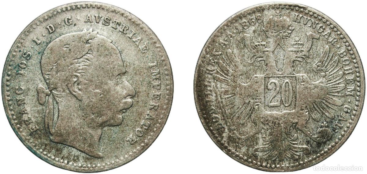 Monedas antiguas de Europa: Austria Austro-Hungarian Empire 1868 20 Kreuzer - Franz Joseph I Silver (.500) (29621005) 2.51g VF