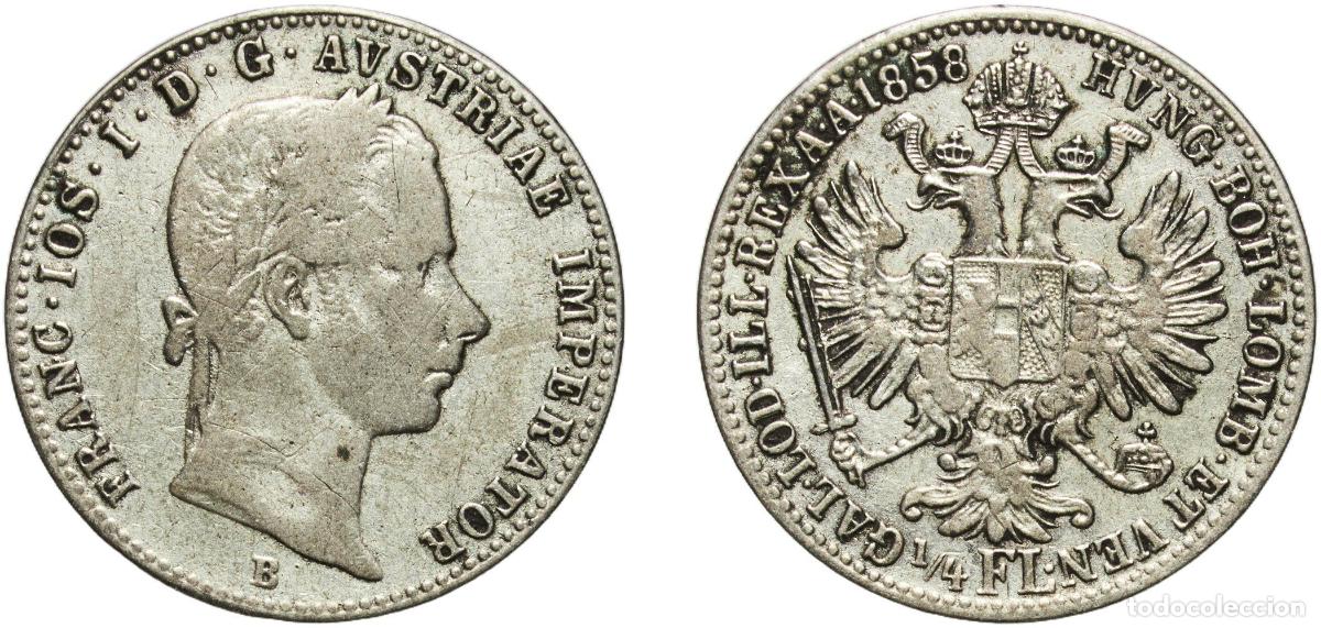 Old Coins of Europe: Austria Empire 1858 B &frac14; Florin - Franz Joseph I Silver (.520) Kremnica Mint (2982089) 5.26g VF KM