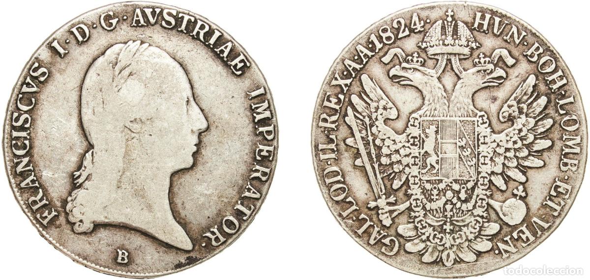 Monedas antiguas de Europa: Austria Empire 1824 B 1 Thaler - Franz I Silver (.833) Kremnica Mint (282000) 27.59g VF KM 2162 Da