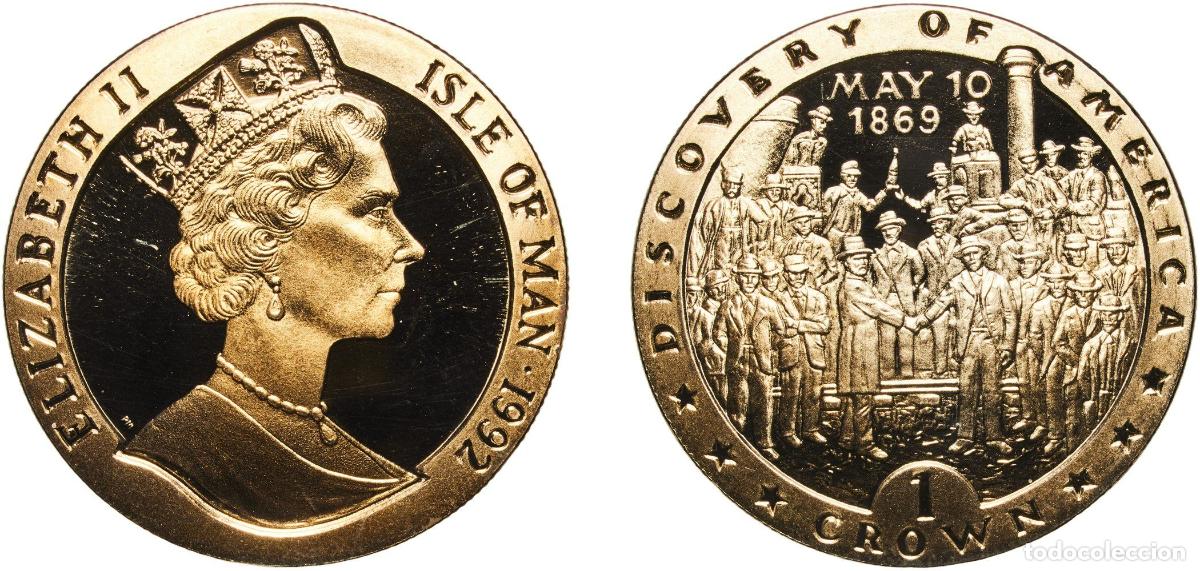 Monedas antiguas de Europa: Isle of Man British dependency 1992 PM 1 Crown - Elizabeth II (Discovery of America) Copper-nickel