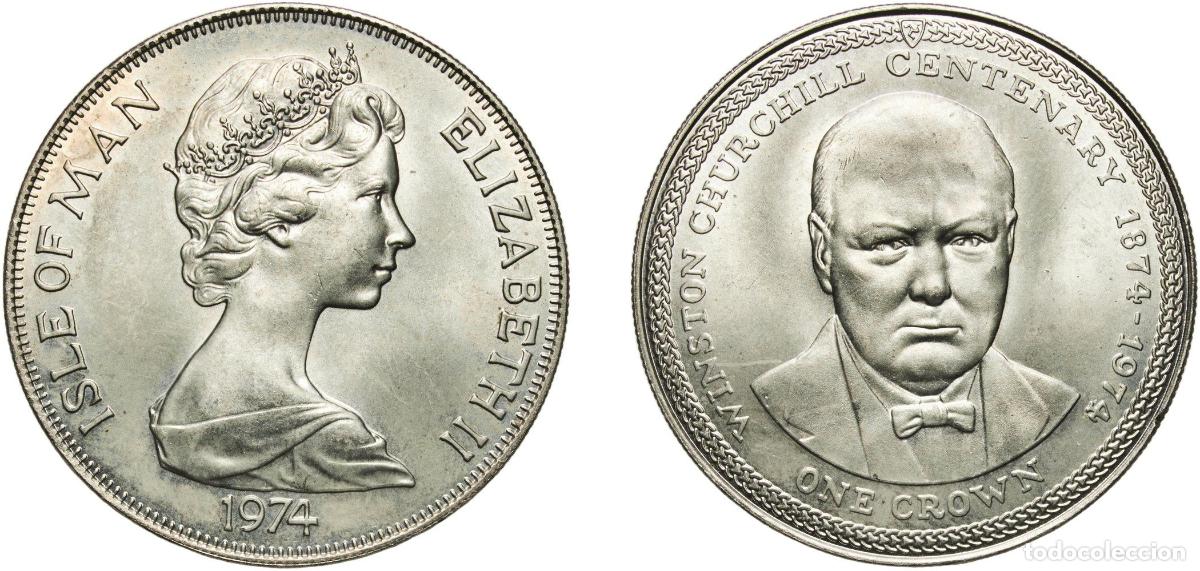 Monedas antiguas de Europa: Isle of Man British dependency 1974 PM 1 Crown - Elizabeth II (Winston Churchill) Copper-nickel Pob