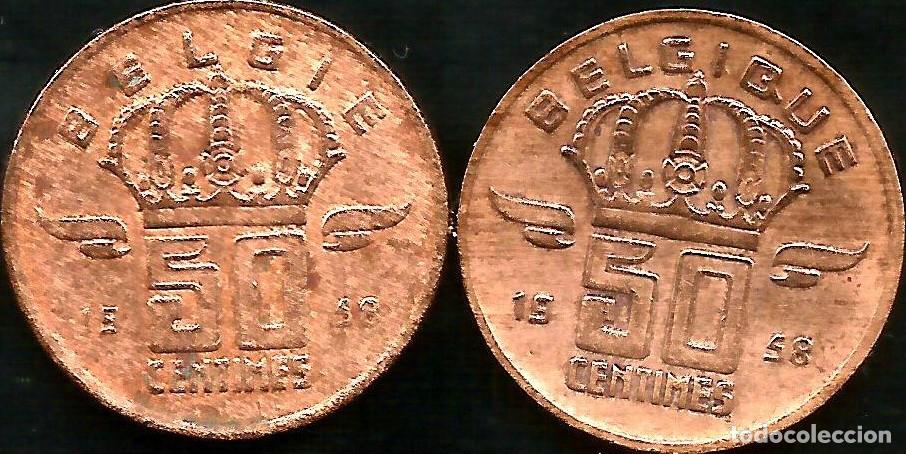 Monedas antiguas de Europa: BELGICA 1958 - 50 CENTIMES - KM 148.1 Y 149.1 - LOTE 2 MONEDAS CIRCULADAS
