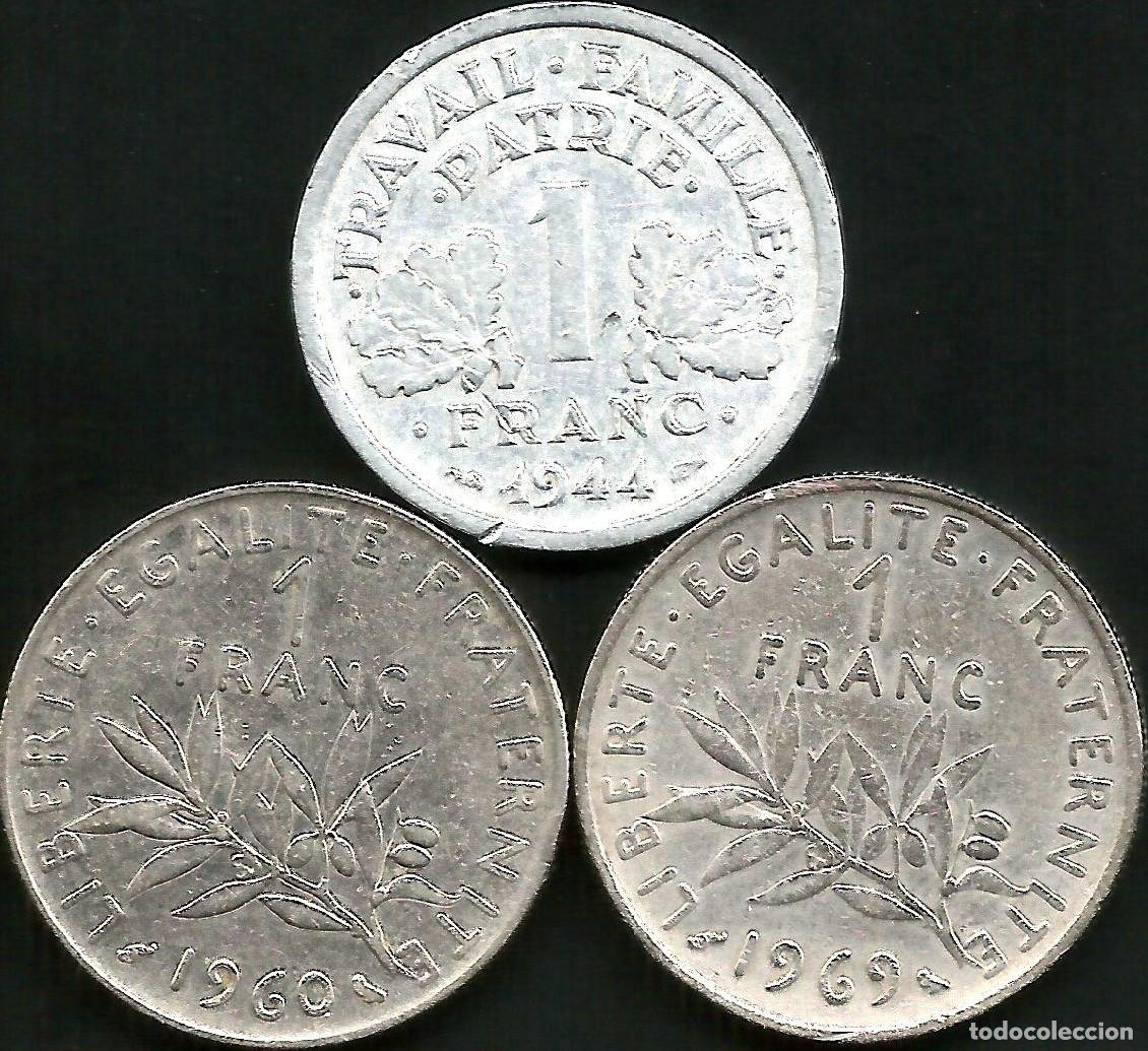 Monedas antiguas de Europa: FRANCIA (VER A&Ntilde;OS Y KM EN DESCRIPCION) - 1 FRANC - LOTE 3 MONEDAS CIRCULADAS