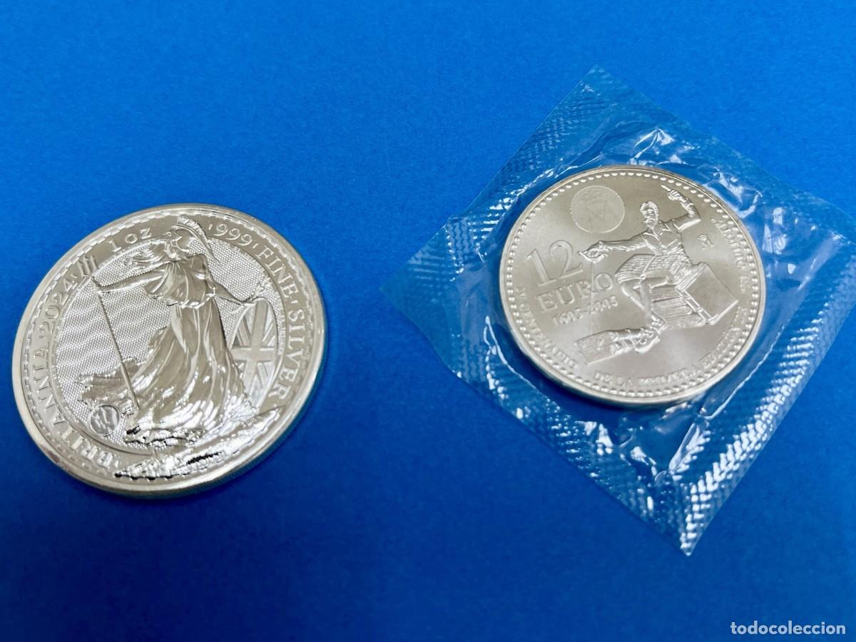 Monedas antiguas de Europa: Onza Plata Britannia y moneda de Plata 12 Euros.