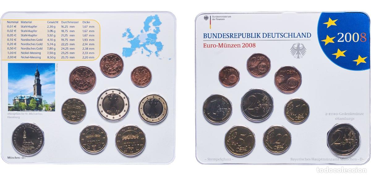 Monedas antiguas de Europa: Germany Federal Republic 2008 D Euros set with 9 coins (Bundesl&auml;nder - &rdquo;Hamburg&rdquo;) Bimetallic: nicke