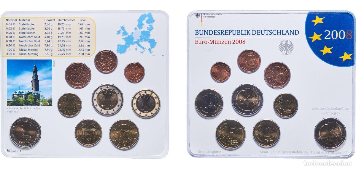 Monedas antiguas de Europa: Germany Federal Republic 2008 F Euro set with 9 coins (Bundesl&auml;nder - &rdquo;Hamburg&rdquo;) Bimetallic: nickel