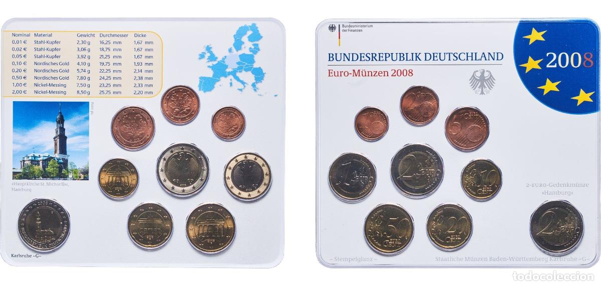 Monedas antiguas de Europa: Germany Federal Republic 2008 G Euro set with 9 coins (Bundesl&auml;nder - &rdquo;Hamburg&rdquo;) Bimetallic: nickel