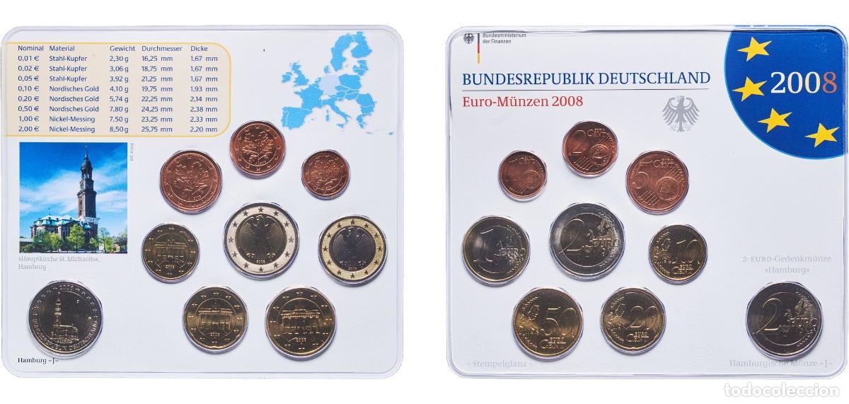 Monedas antiguas de Europa: Germany Federal Republic 2008 J Euro set with 9 coins (Bundesl&auml;nder - &rdquo;Hamburg&rdquo;) Bimetallic: nickel