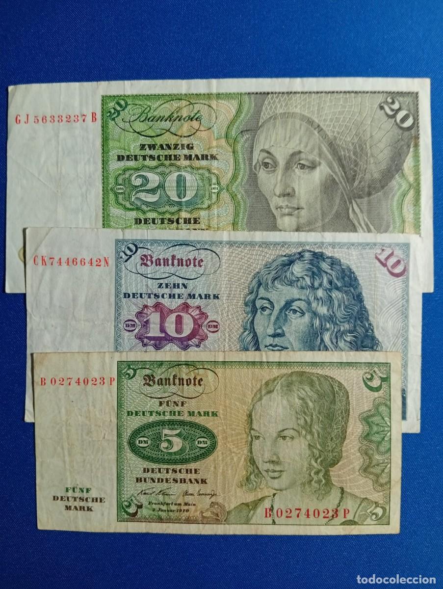 Monedas antiguas de Europa: Billetes de 5, 10, y 20 marcos Alemania