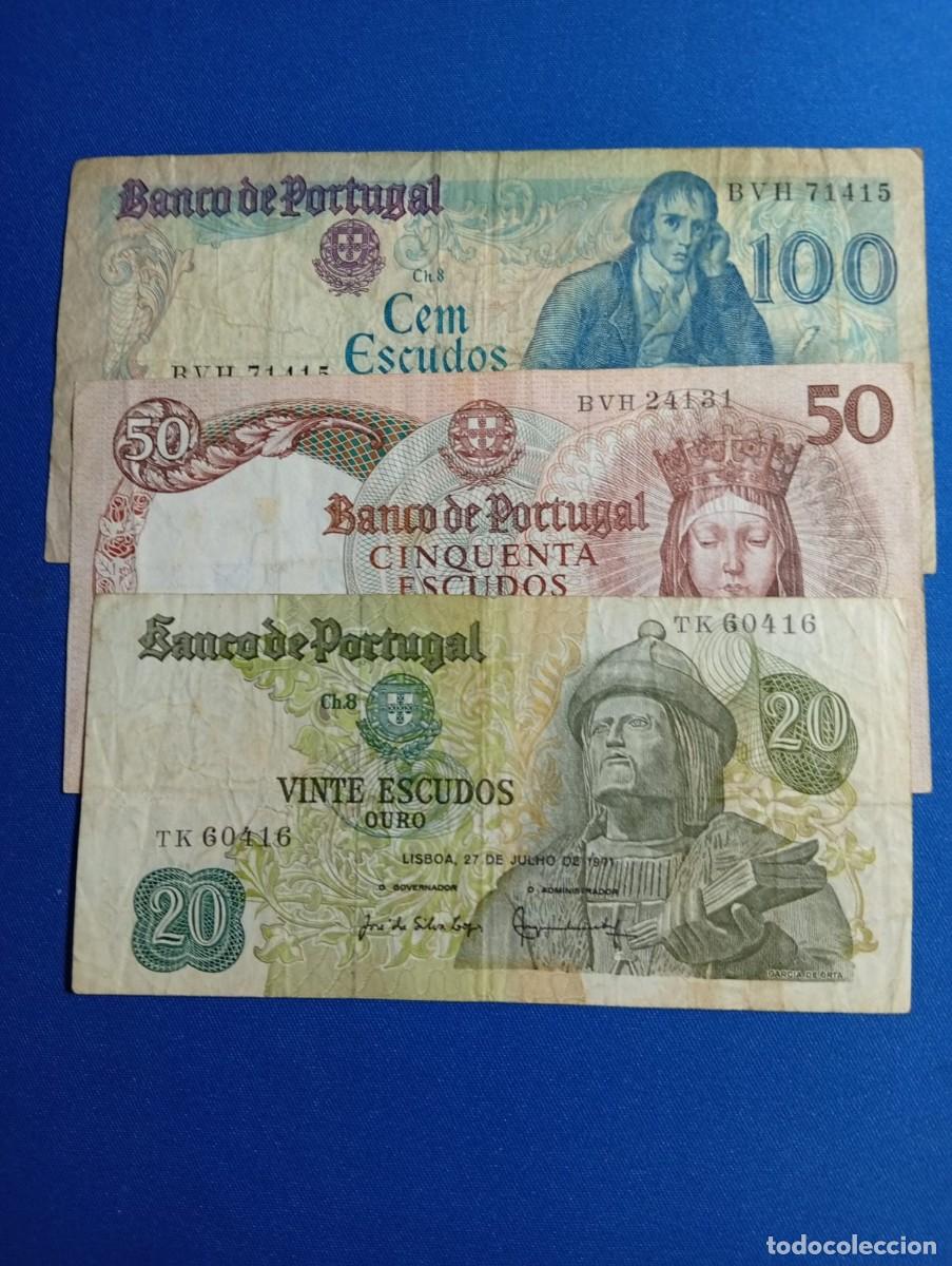 Monedas antiguas de Europa: Billetes de 20, 50, y 100 Escudos Portugal