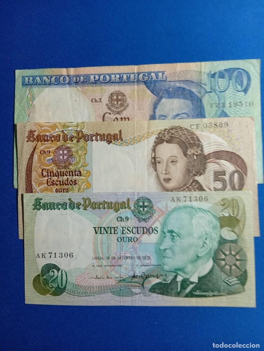Monedas antiguas de Europa: Billetes de 20, 50 y 100 escudos Portugal