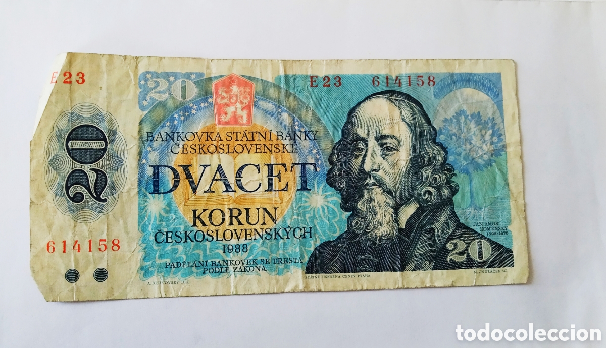 Alte M&uuml;nzen aus Europa: Billete de 20 coronas checas a&ntilde;o 1988. Serie E23 numero de serie 614158. Para coleccionistas