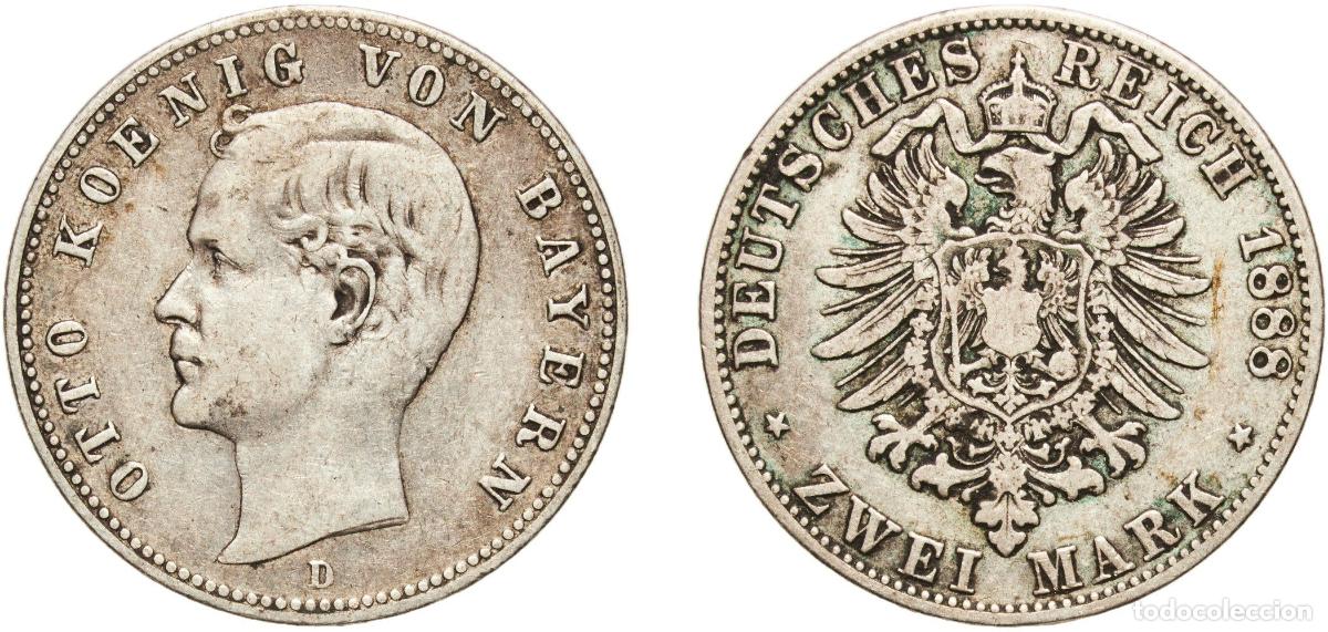 Monedas antiguas de Europa: Germany Kingdom of Bavaria German states 1888 D 2 Mark - Otto Silver (.900) Munich Mint (172368) 10