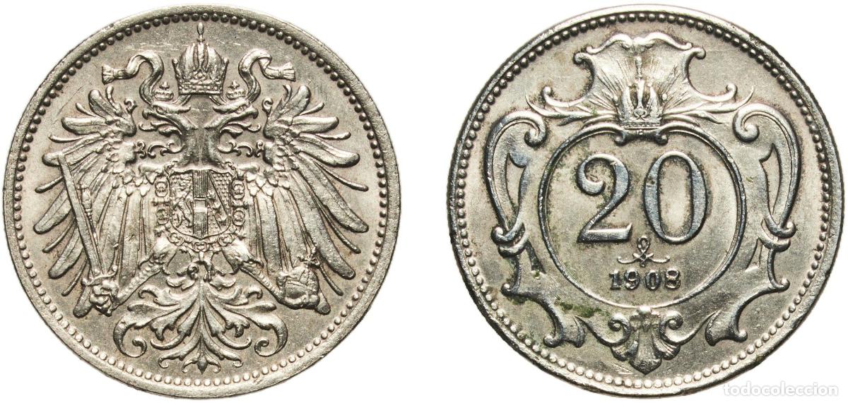 Monedas antiguas de Europa: Austria Austro-Hungarian Empire 1908 20 Heller - Franz Joseph I Nickel (7469000) 4.07g AU KM 2803